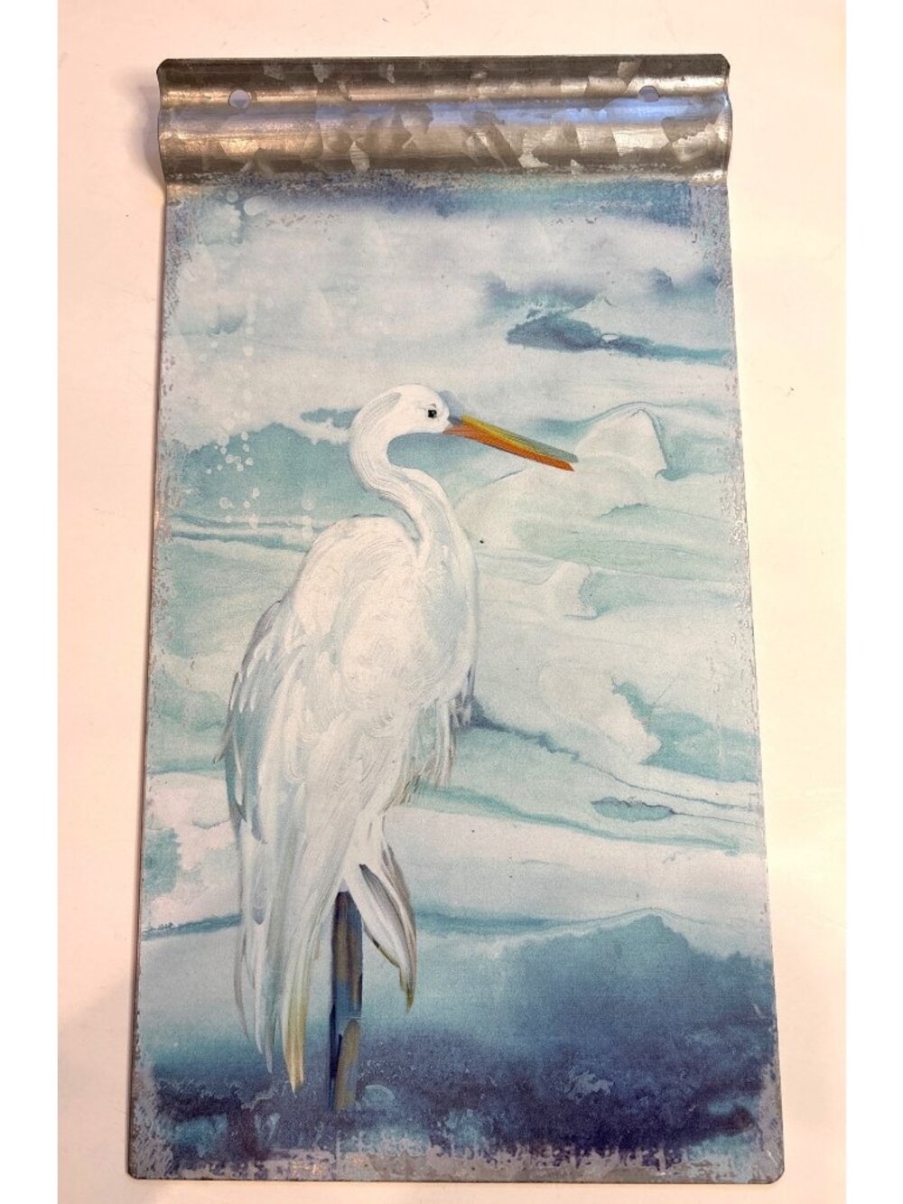 Heron-Themed Galvanized Metal Wall Hanging With Rolled Edge 13x8 Inches Coastal